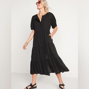 Puff-Sleeve Clip-Dot Button-Front Midi Swing Dress